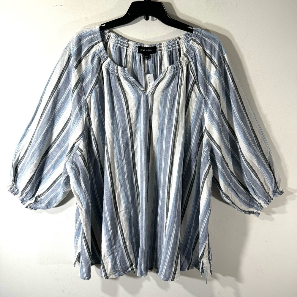 Lane Bryant Blue Striped Linen Blend Peasant Top 2/$35